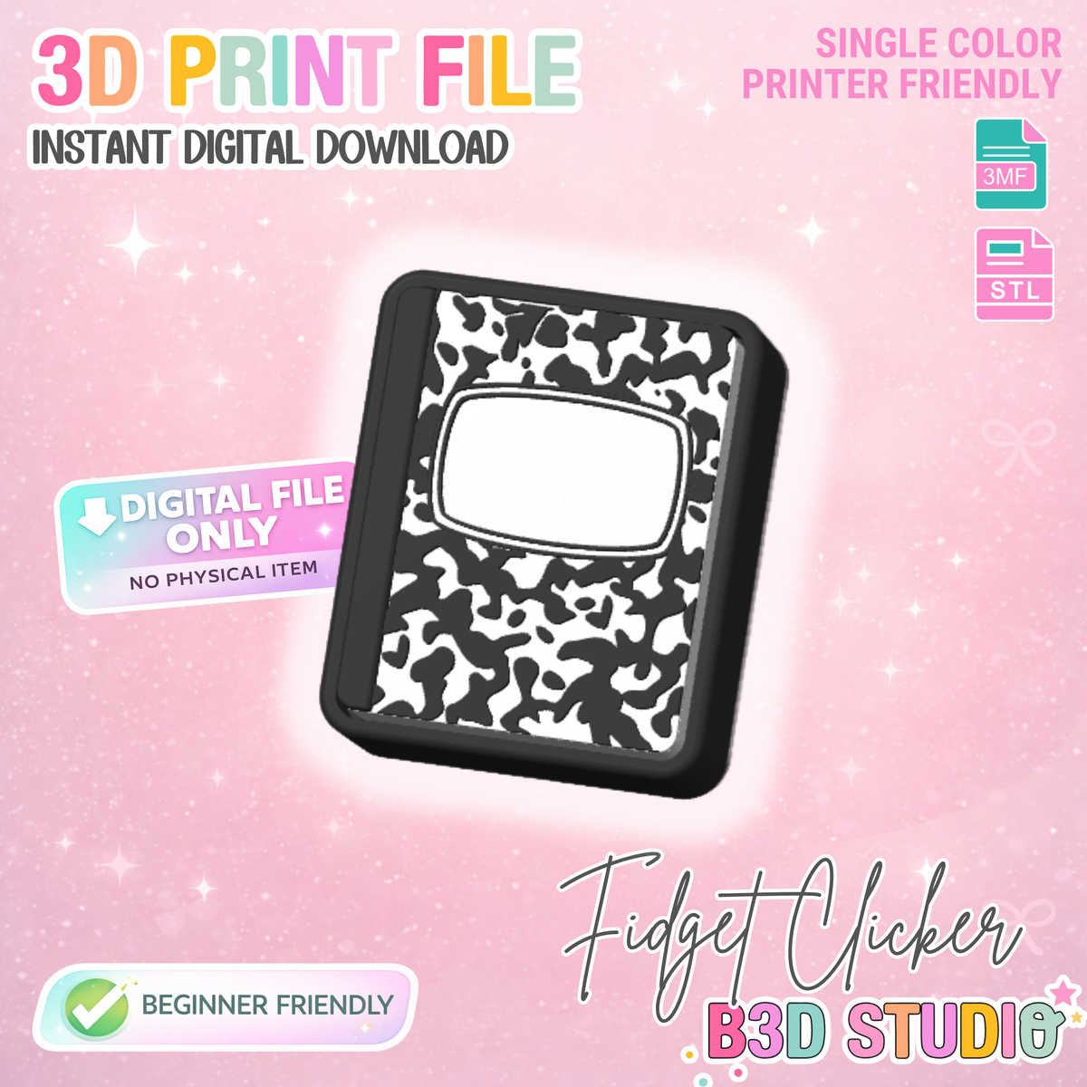 Composition Book Fidget Clicker Keychain STL & 3MF 3D Print File (Digital Download)