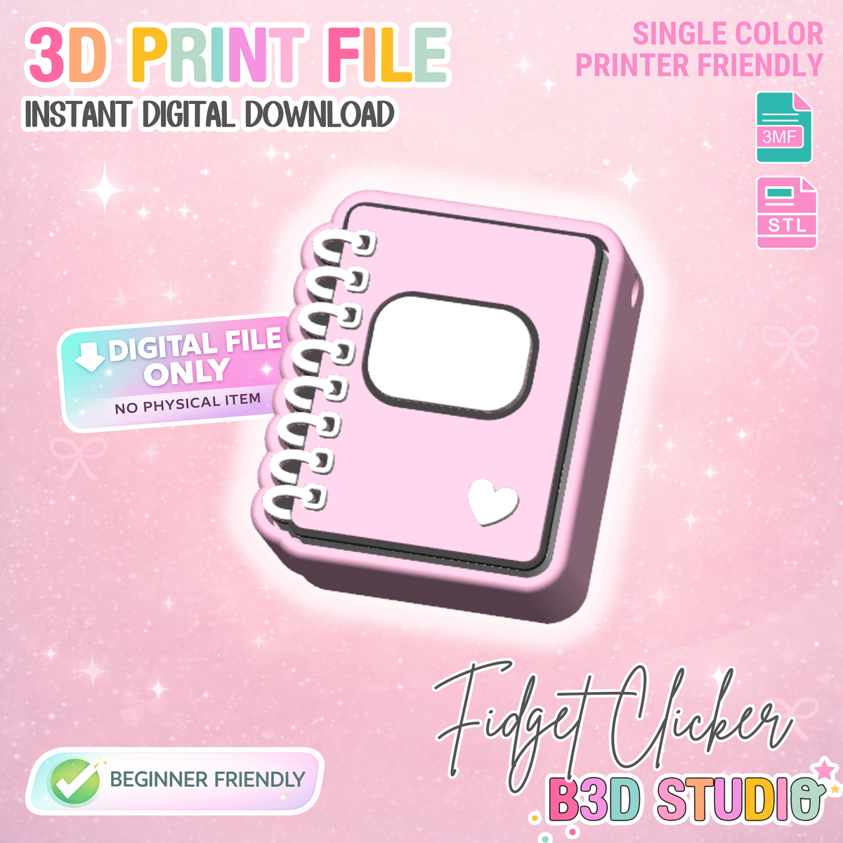 Notebook Fidget Clicker Keychain STL & 3MF 3D Print File (Digital Download)