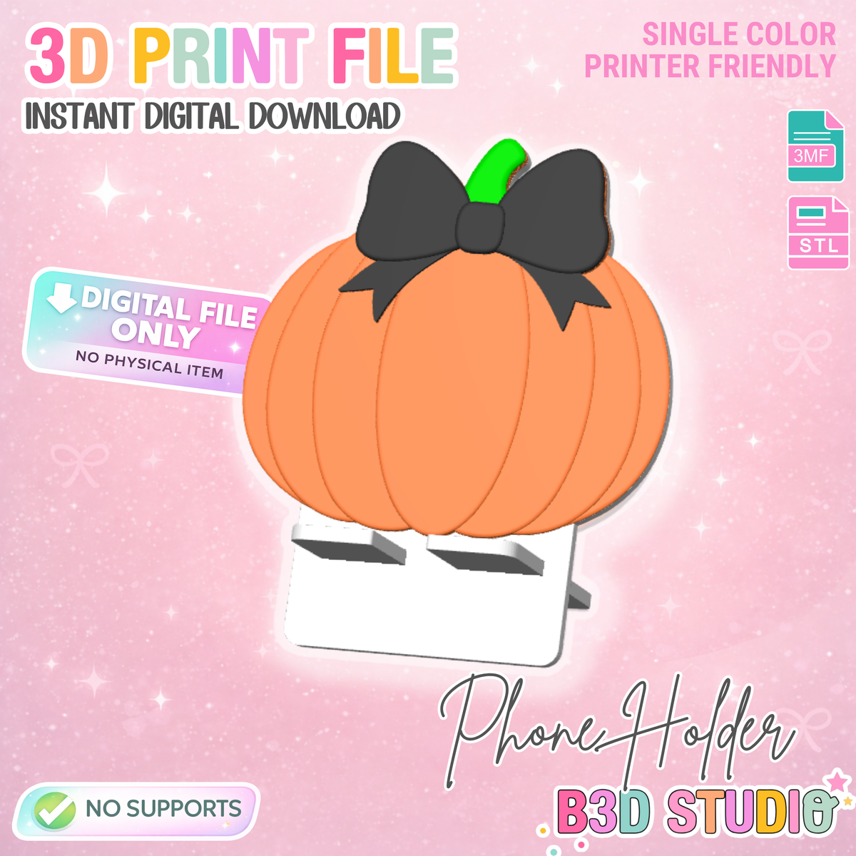 Bow Pumpkin Phone Holder 3D Print File: Desk Decor (STL/3MF Digital Download)