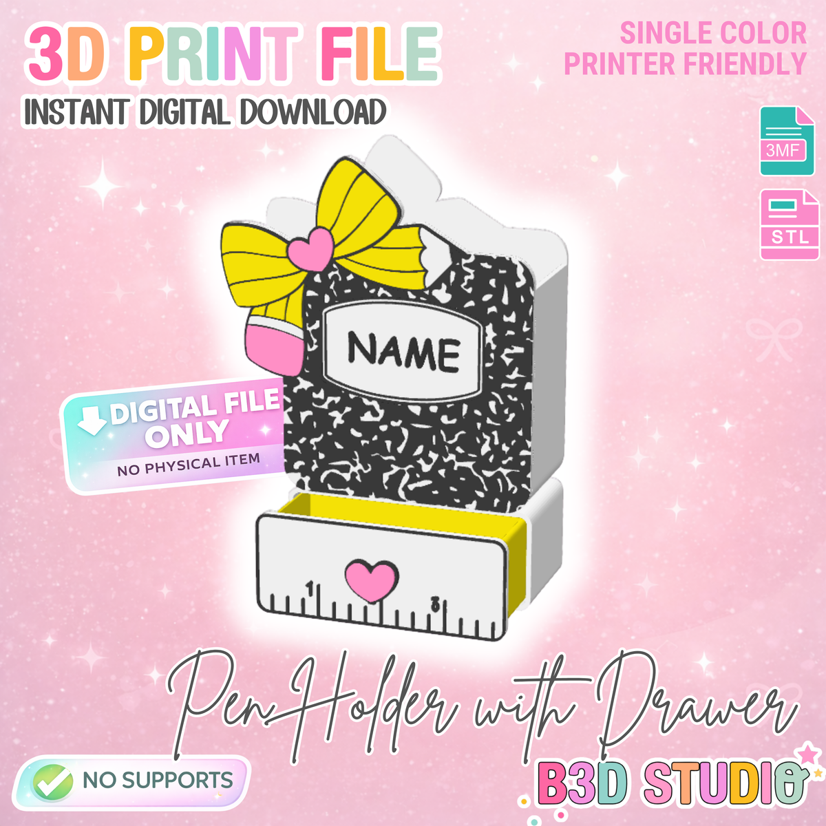 Editable Pencil Bow Drawer Pen Holder: 3D Print STL & 3MF File (Digital Download)