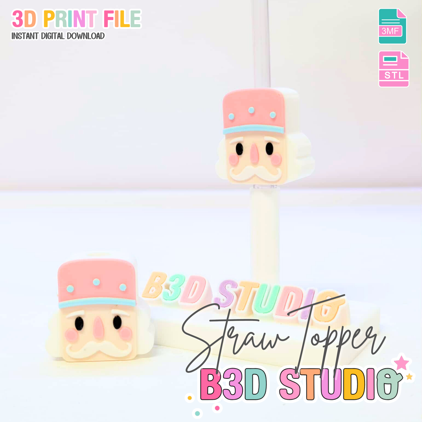 Nutcracker Straw Topper 3D Print File (STL & 3MF Digital Download) 8mm + 10mm Sizes