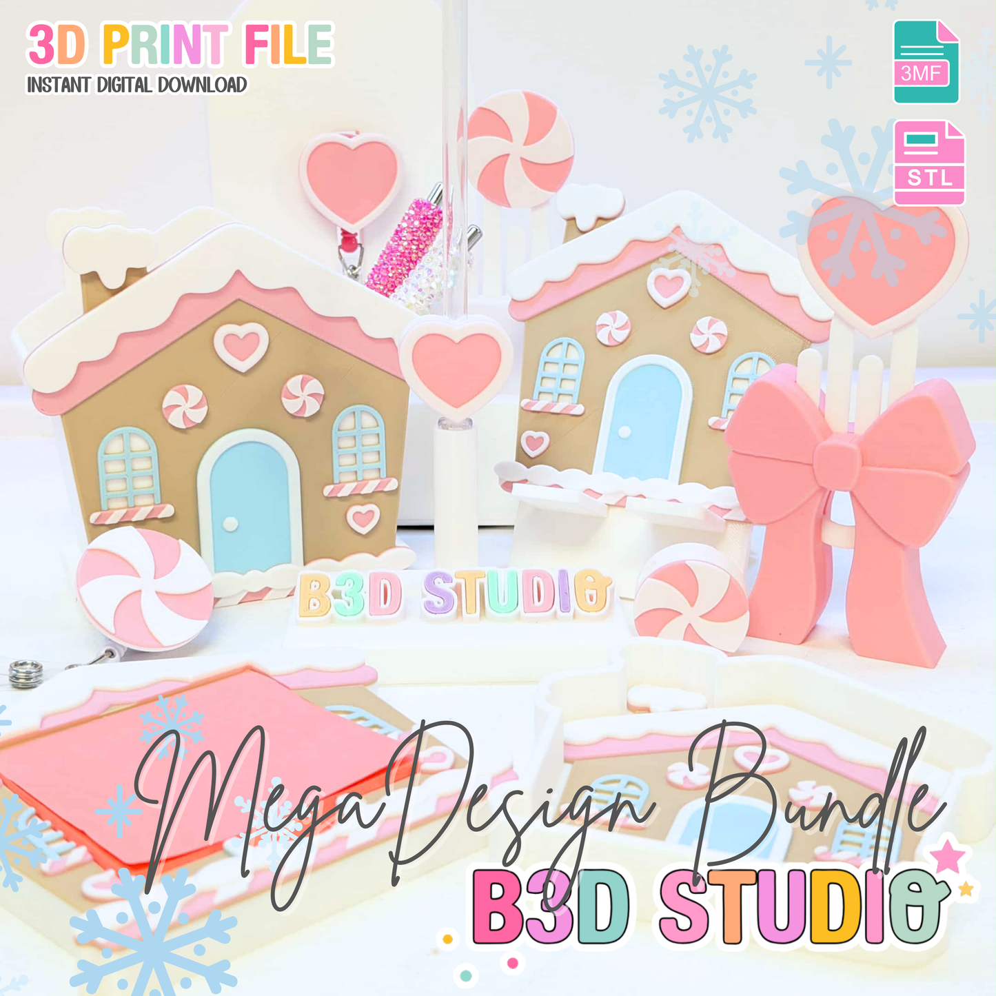 Mega Gingerbread House 3D Print File Bundle: Pen Holder, Trinket Dish, More (STL & 3MF Digital Download)