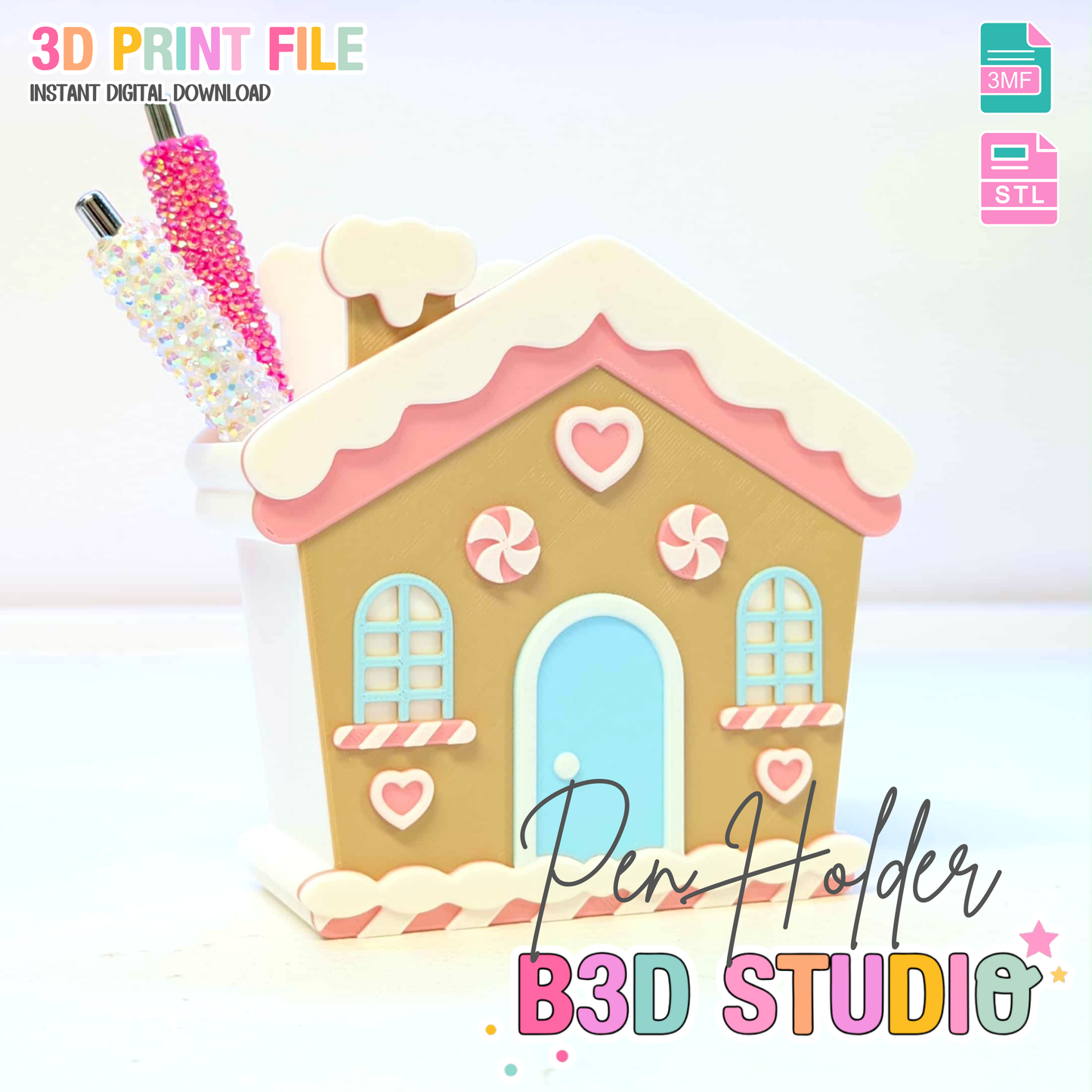 Gingerbread House Pen Holder: 3D Print STL & 3MF File (Digital Download)
