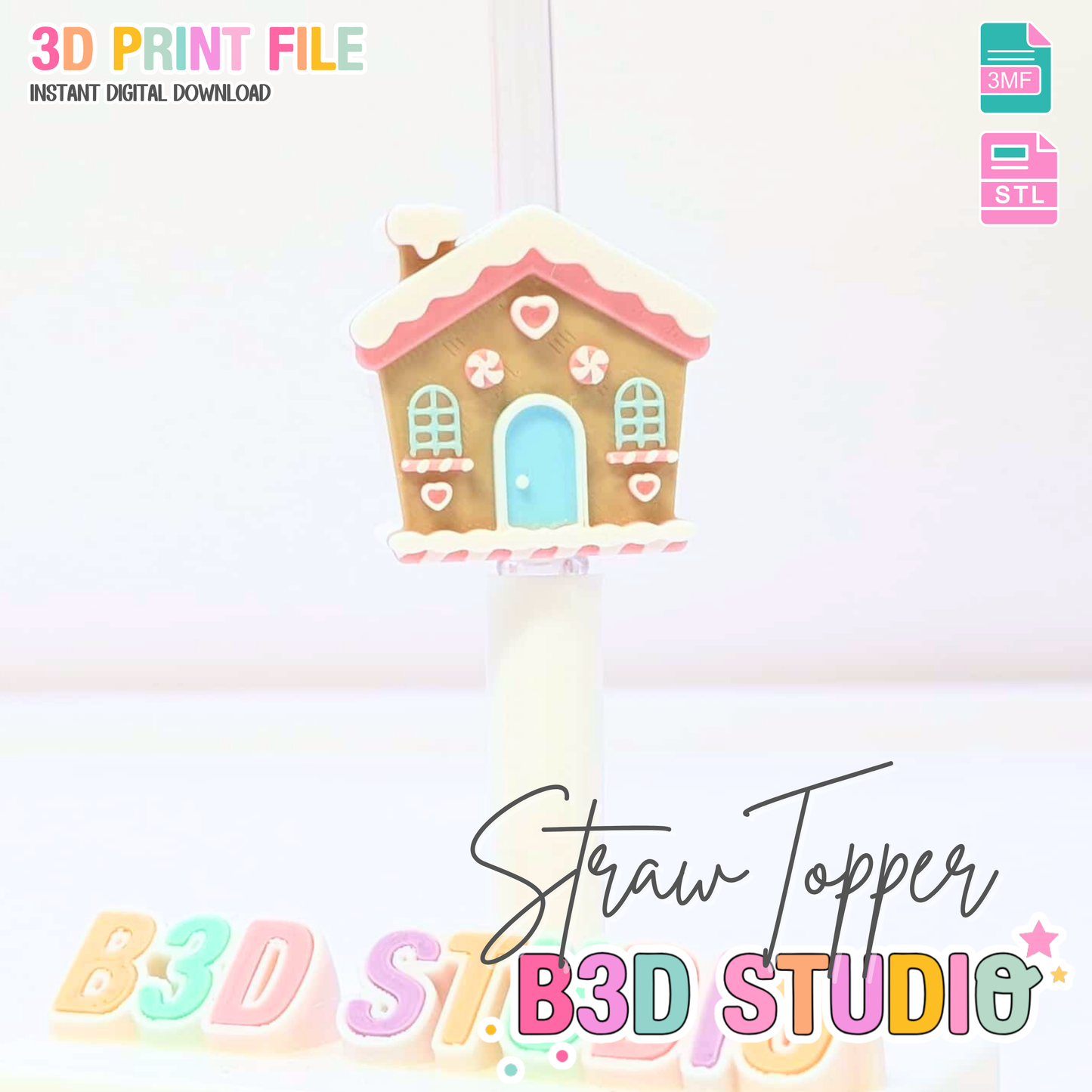 Gingerbread House Straw Topper 3D Print File (STL & 3MF Digital Download) 8mm + 10mm Sizes