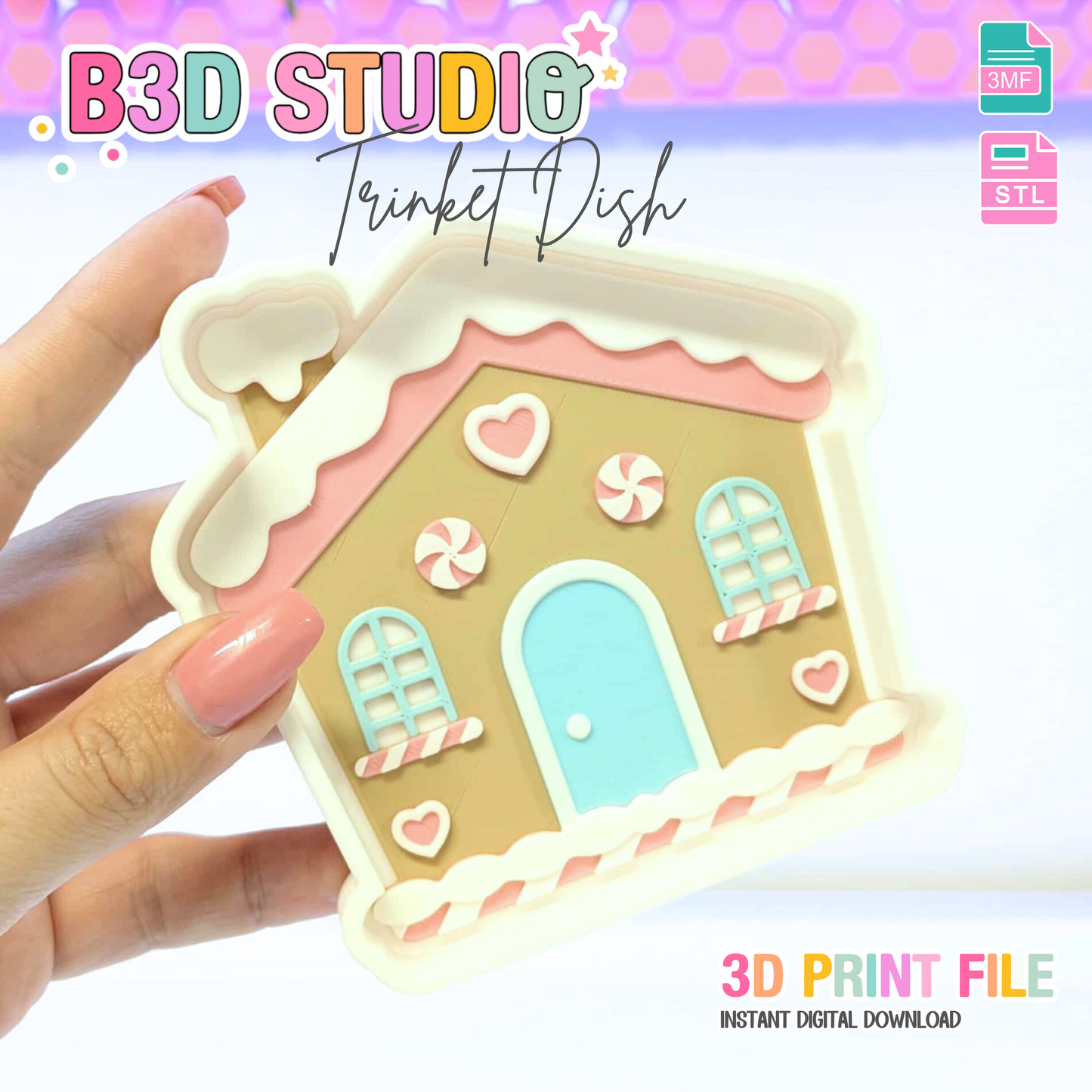 Gingerbread House Trinket Dish STL & 3MF File – 3D Print File – Cute Desk Organization – Digital Download