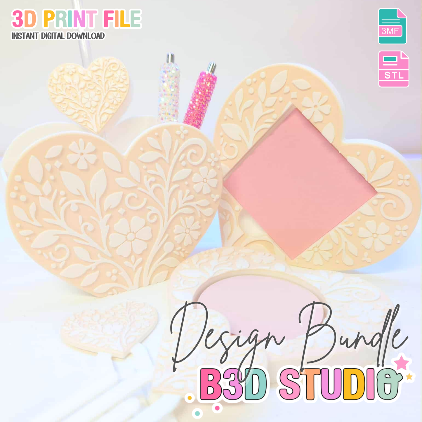 Heart Motif 3D Print File Bundle | Pen Holder, Sticky Note Holders, Straw Toppers, Paper Clip | STL & 3MF Digital Download