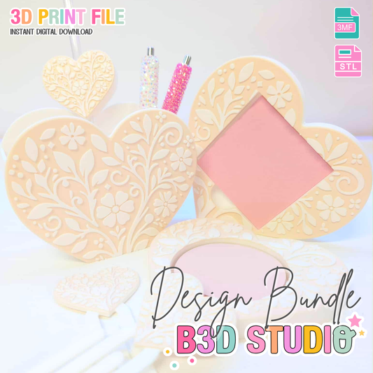 Heart Motif 3D Print File Bundle | Pen Holder, Sticky Note Holders, Straw Toppers, Paper Clip | STL & 3MF Digital Download