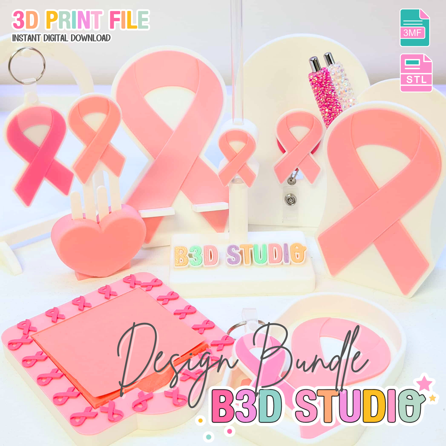 Ribbon 3D Print File Bundle: Pen Holder, Phone Holder, More (STL & 3MF Digital Download)