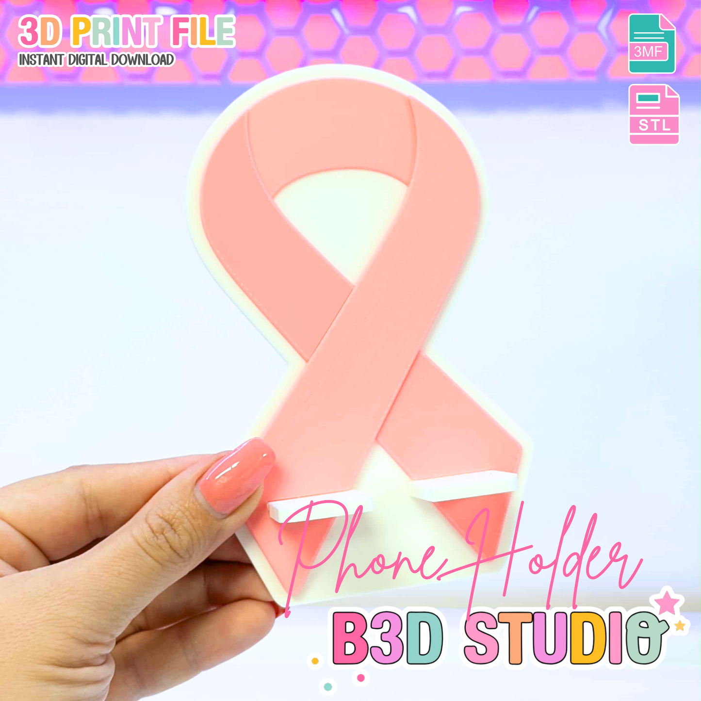 Ribbon Phone Holder 3D Print File: Desk Organization Decor (STL/3MF Digital Download)