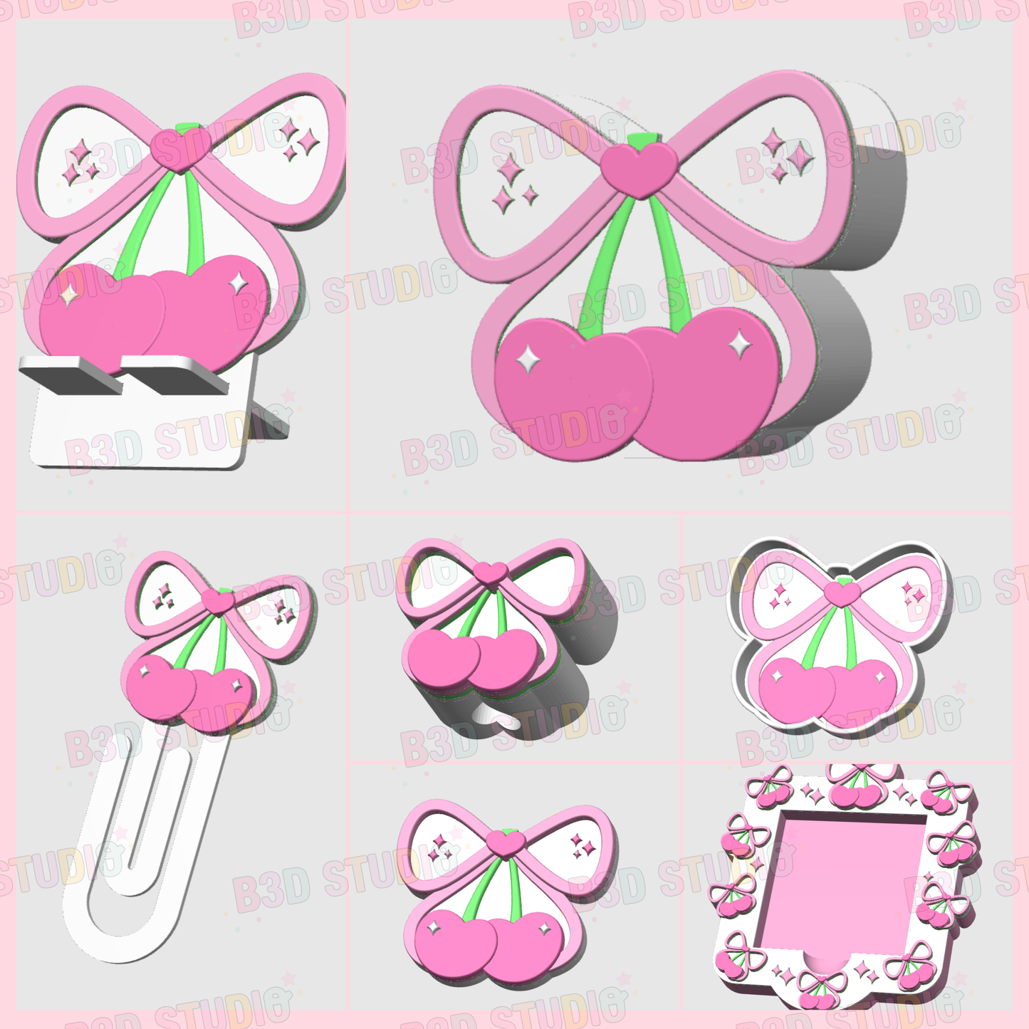 Cherry Bow Heart 3D Print File Bundle: Pen Holder, Badge Reel (STL & 3MF Digital Download)