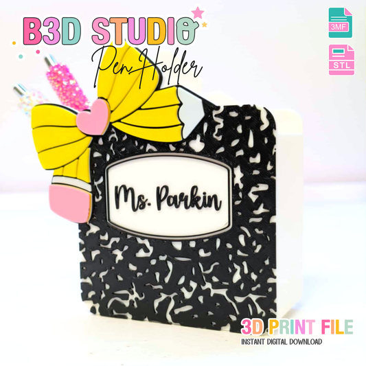 Digital Download - Editable Composition Pencil Bow Pen Holder STL & 3MF File
