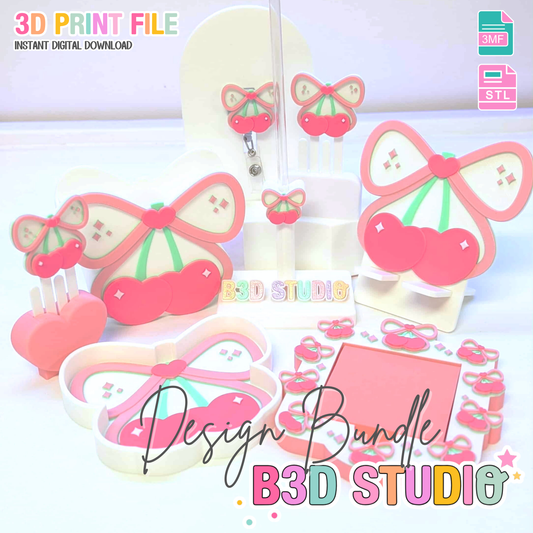 Cherry Bow Heart 3D Print File Bundle: Pen Holder, Badge Reel (STL & 3MF Digital Download)