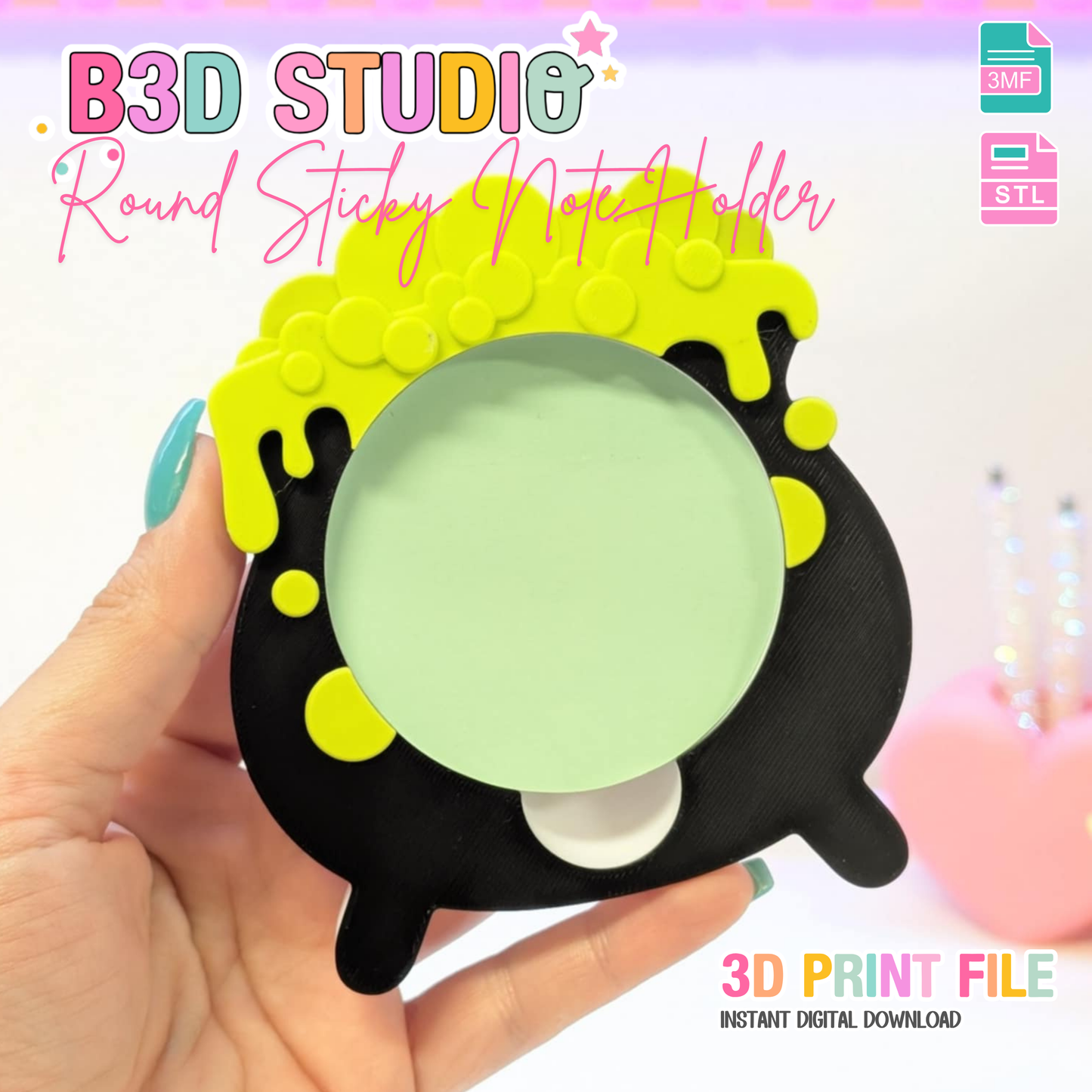 Cauldron Round Sticky Note Holder - STL & 3MF - Digital Download
