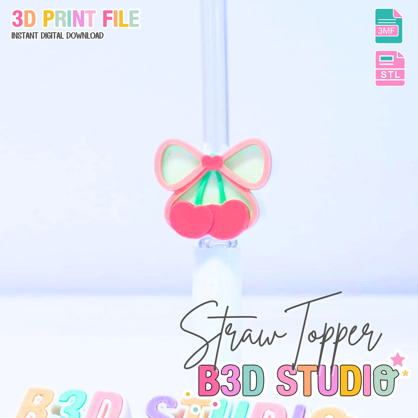 Cherry Bow Heart Straw Topper 3D Print File (STL & 3MF Digital Download) 8mm + 10mm Sizes