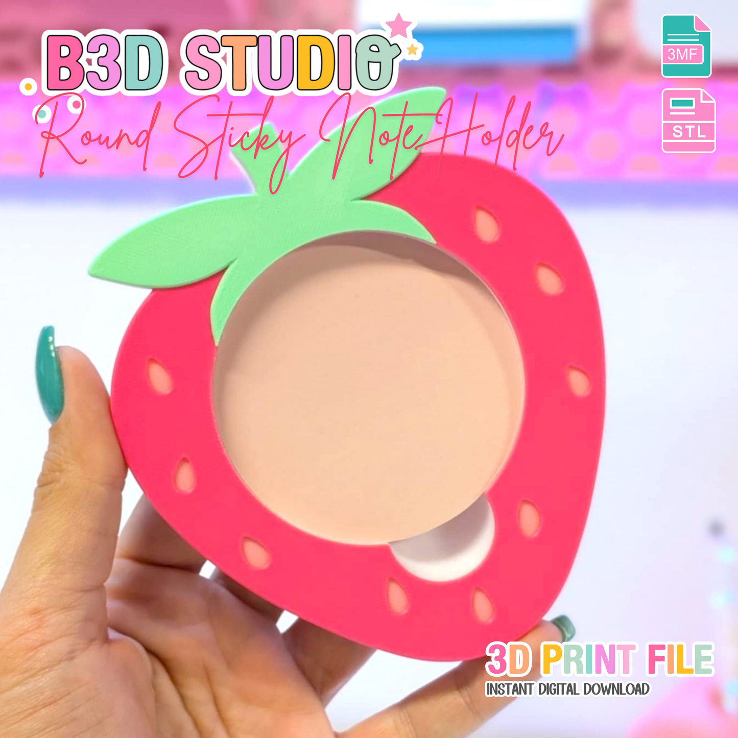 Strawberry Round Sticky Note Holder - STL & 3MF - Digital Download