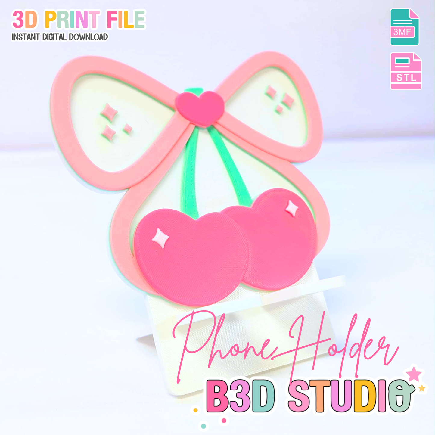 Cherry Bow Heart Phone Holder 3D Print File: Desk Decor (STL/3MF Digital Download)