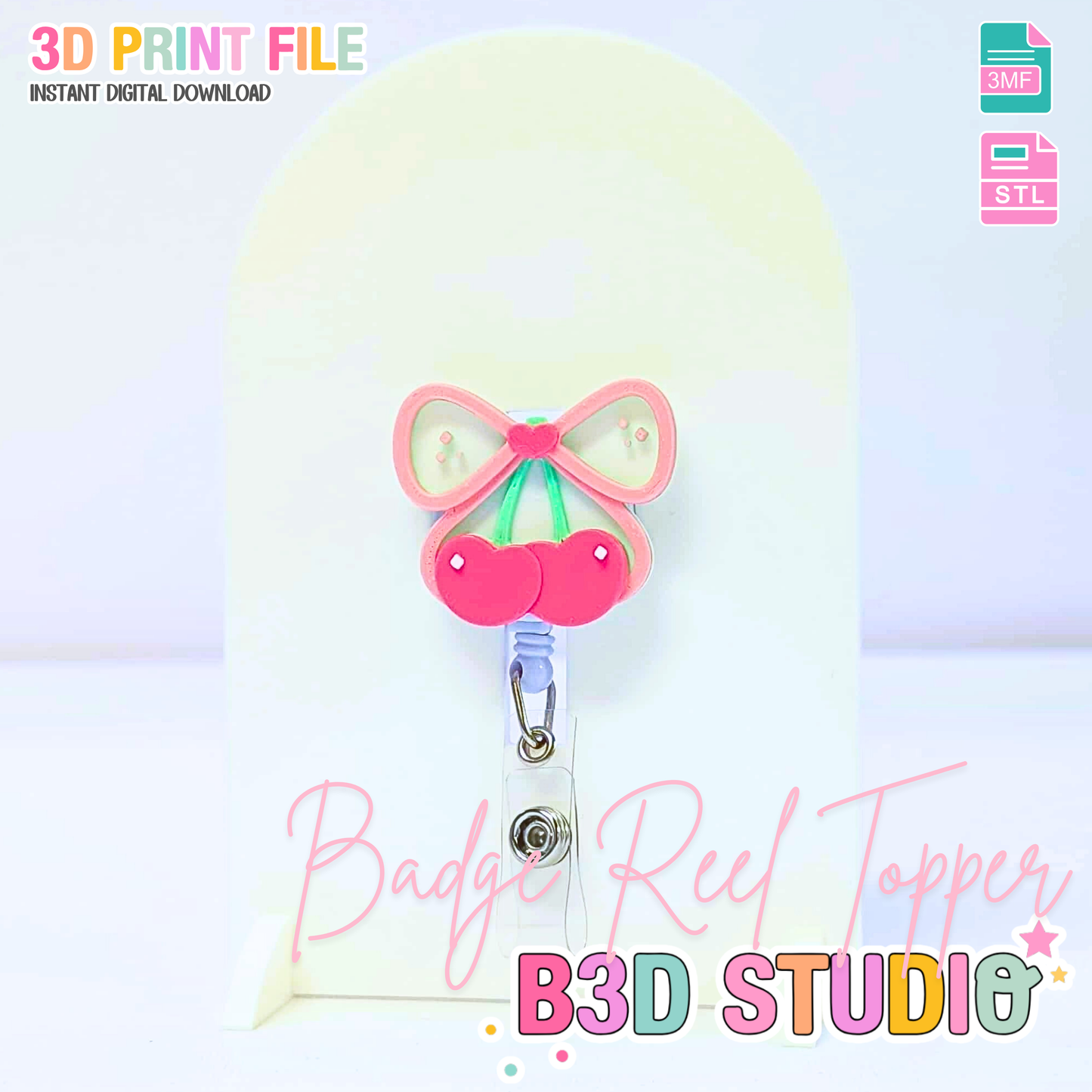 Flat Back Cherry Bow Heart Badge Reel Topper 3D Print File (STL & 3MF Digital Download)