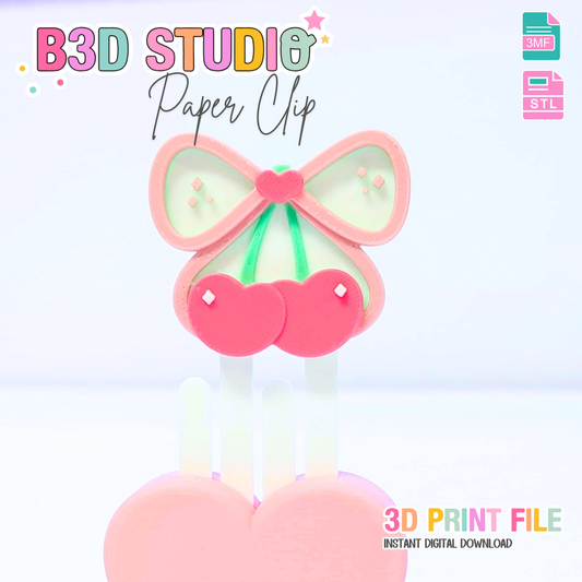Cherry Bow Heart Paper Clip 3D Print File (STL & 3MF Digital Download)