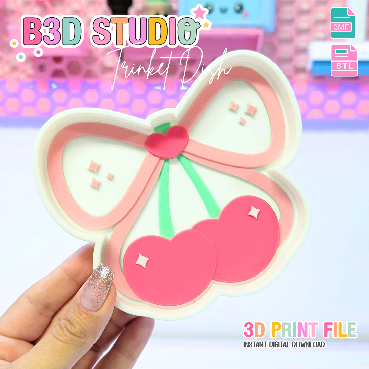 Cherry Bow Heart Trinket Dish STL & 3MF File – 3D Print File – Cute Desk Organization – Digital Download