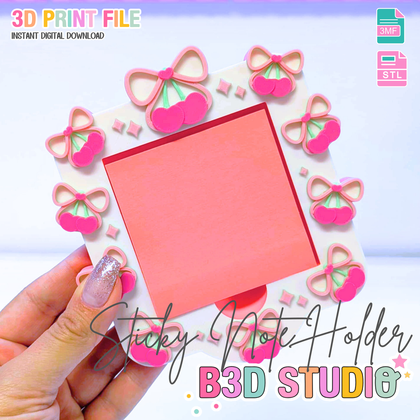 Cherry Bow Heart Sticky Note Holder: 3D Print File (STL/3MF Digital Download