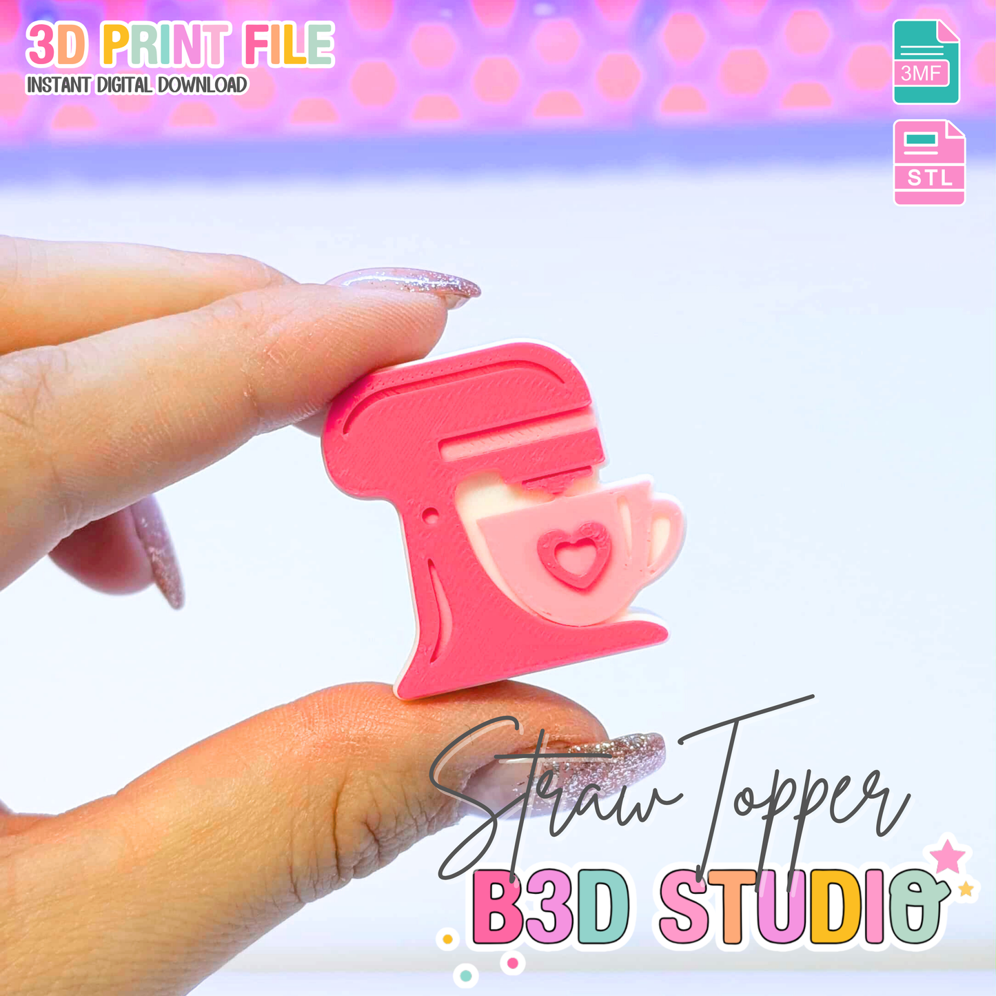 Mixer Straw Topper 3D Print File (STL & 3MF Digital Download) 8mm + 10mm Sizes