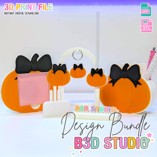 Bow Pumpkin 3D Print File Bundle | Pen Holder, Sticky Note Holders, Straw Toppers, Paper Clip | STL & 3MF Digital Download