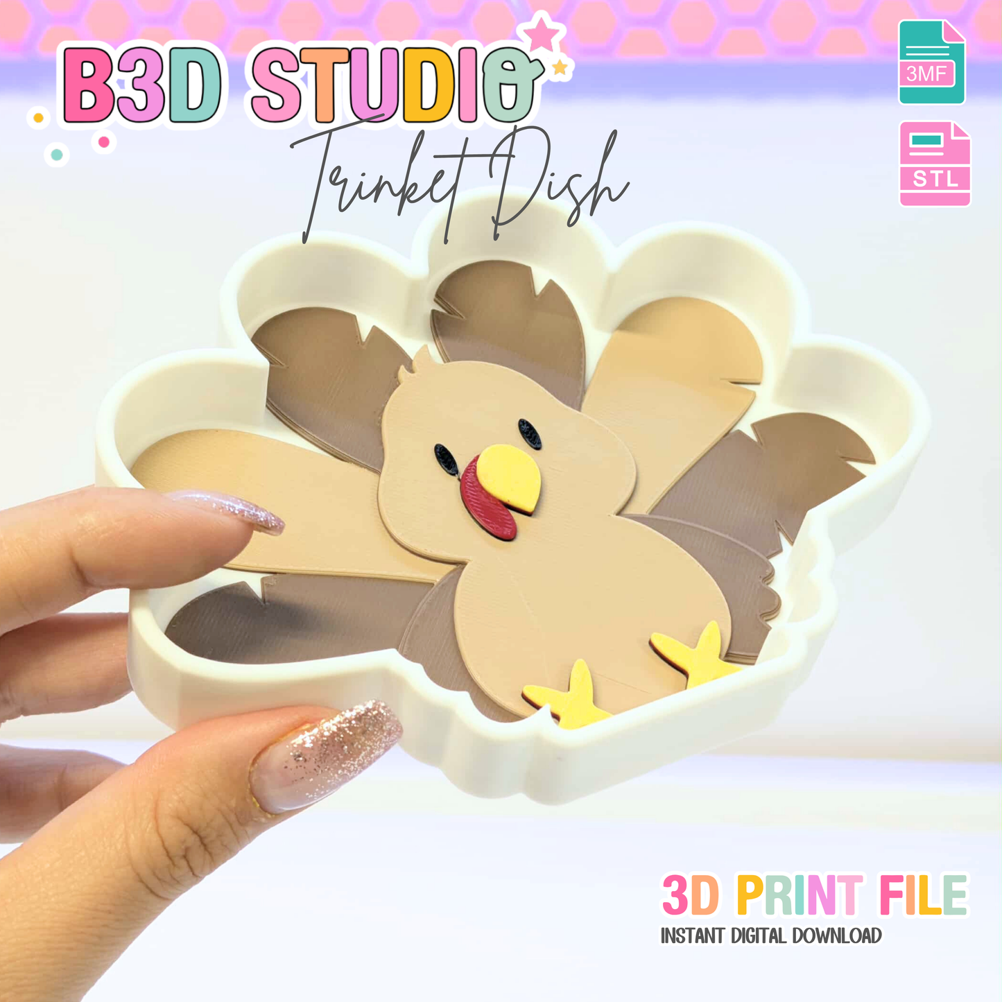 Turkey Trinket Dish STL & 3MF File – 3D Print File – Cute Desk Organization – Digital Download