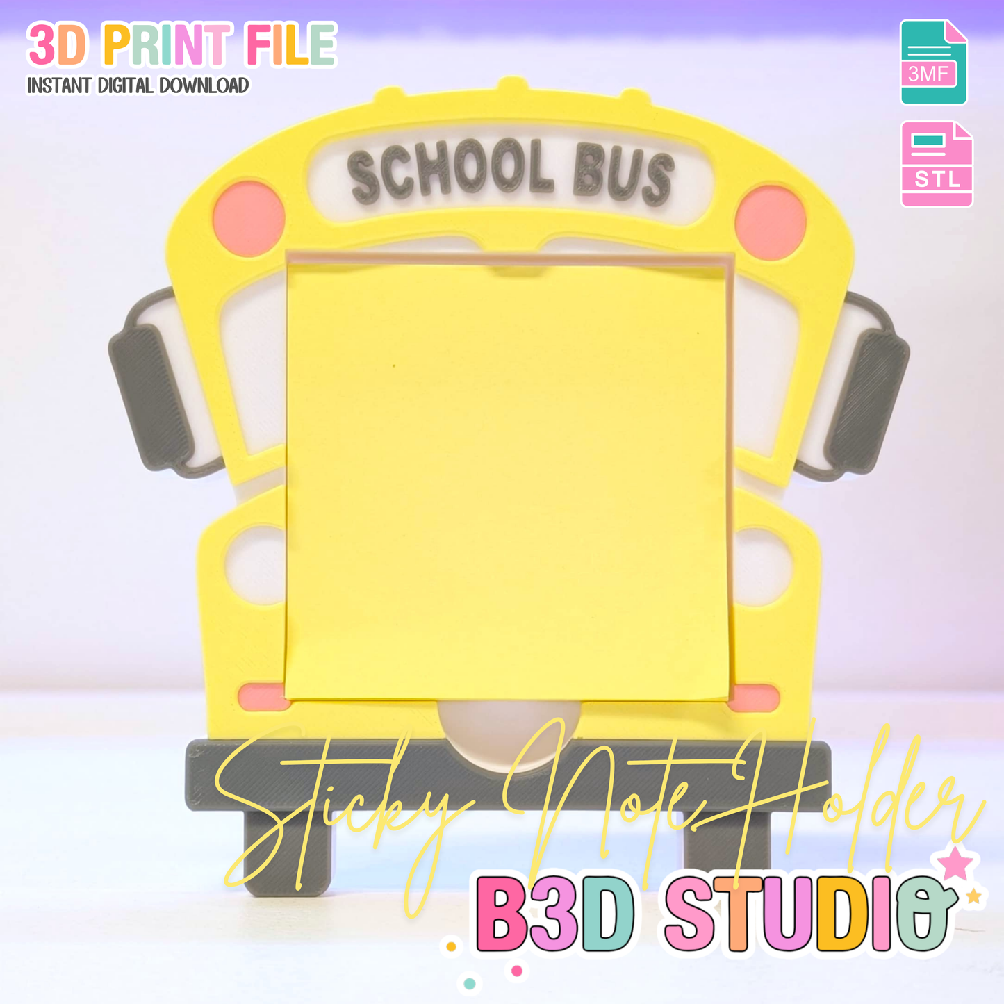 School Bus Sticky Note Holder - STL & 3MF - Digital Download