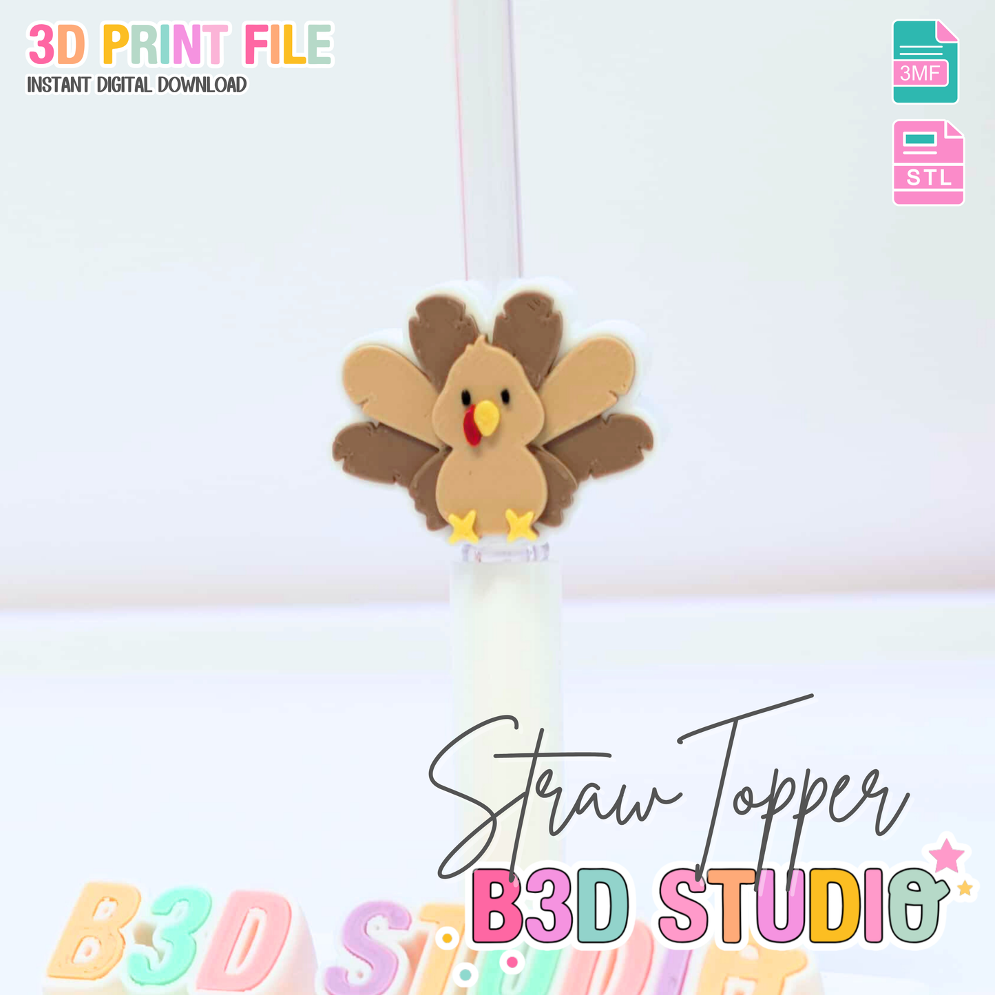 Turkey Straw Topper 3D Print File (STL & 3MF Digital Download) 8mm + 10mm Sizes