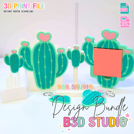 Heart Cactus 3D Print File Bundle | Pen Holder, Sticky Note Holders, Straw Toppers, Paper Clip, Embellishment | STL & 3MF Digital Download
