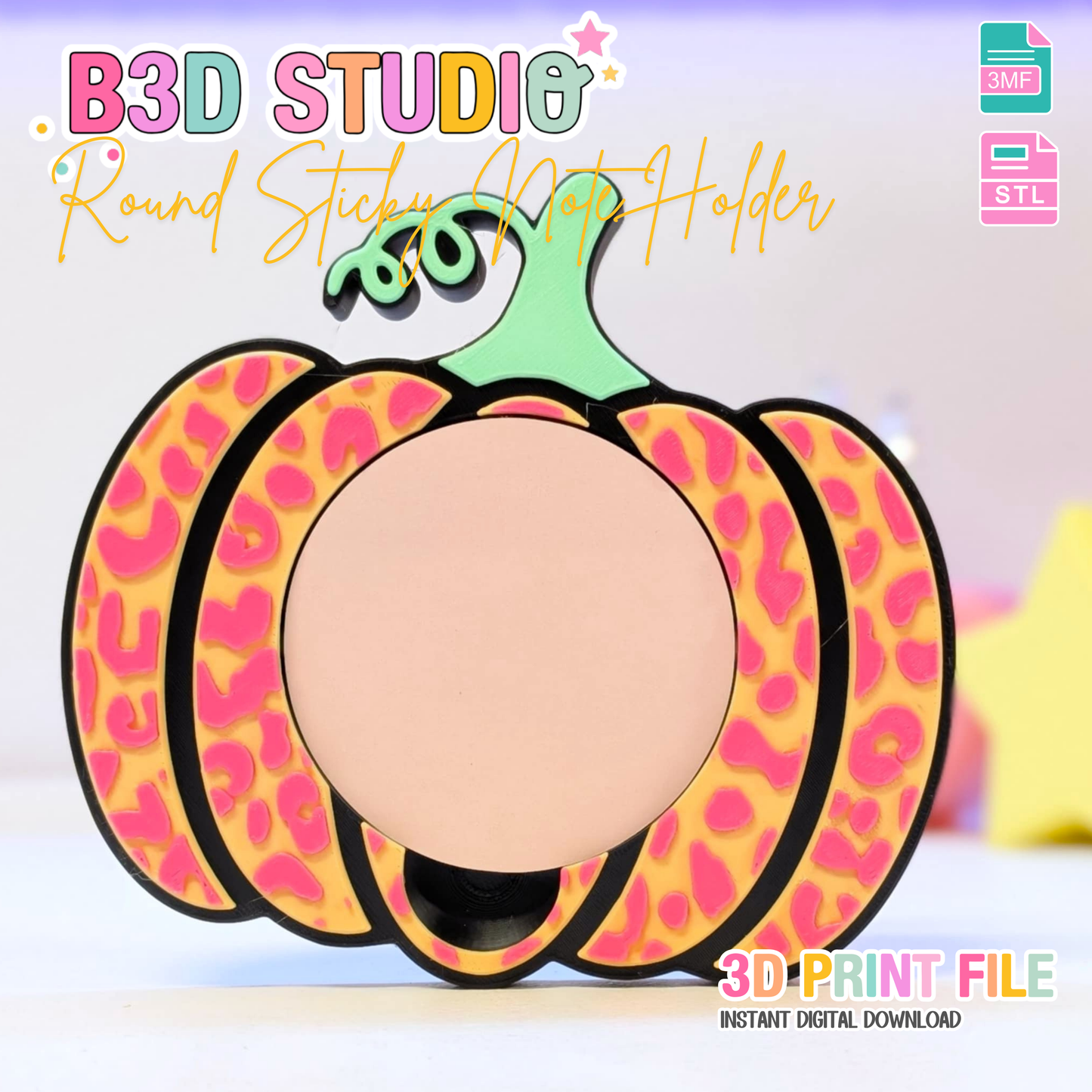 Leopard Print Pumpkin Round Sticky Note Holder - STL & 3MF - Digital Download