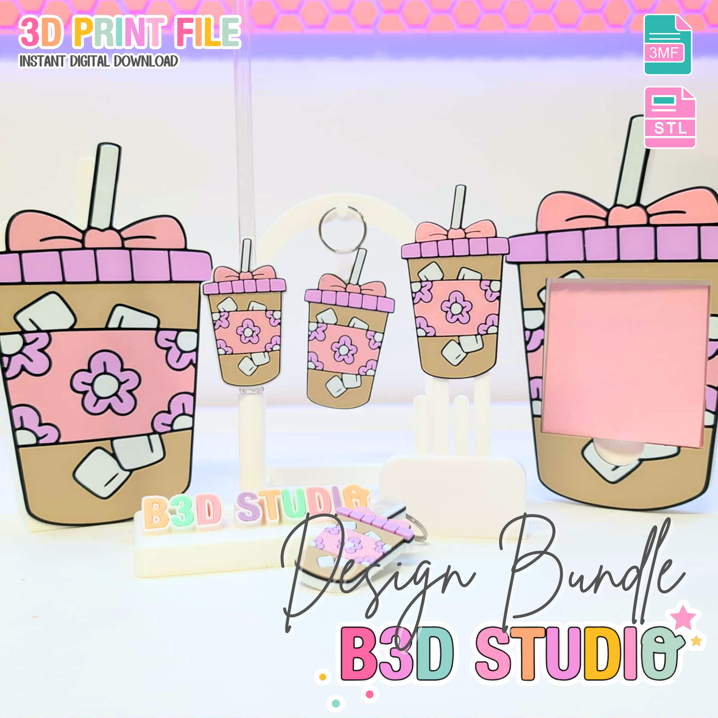 Iced Coffee 3D Print File Bundle | Pen Holder, Sticky Note Holders, Straw Toppers, Paper Clip, Embellishment, Trinket Dish | STL & 3MF Digital Download