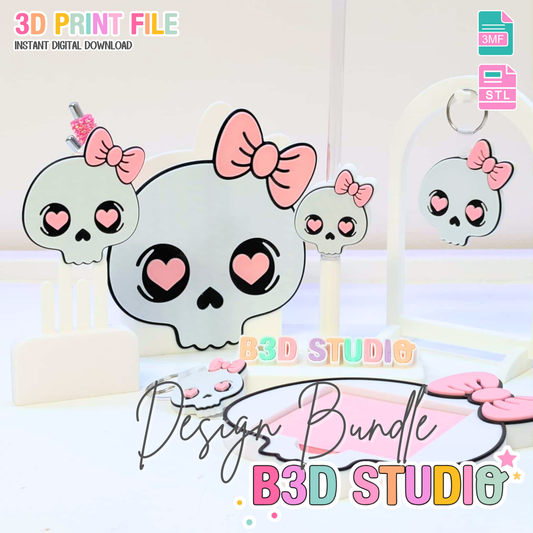 Skull Bow 3D Print File Bundle | Pen Holder, Sticky Note Holder, Trinket Dish, Straw Topper, Paper Clip, Embellishment | STL & 3MF Digital Download