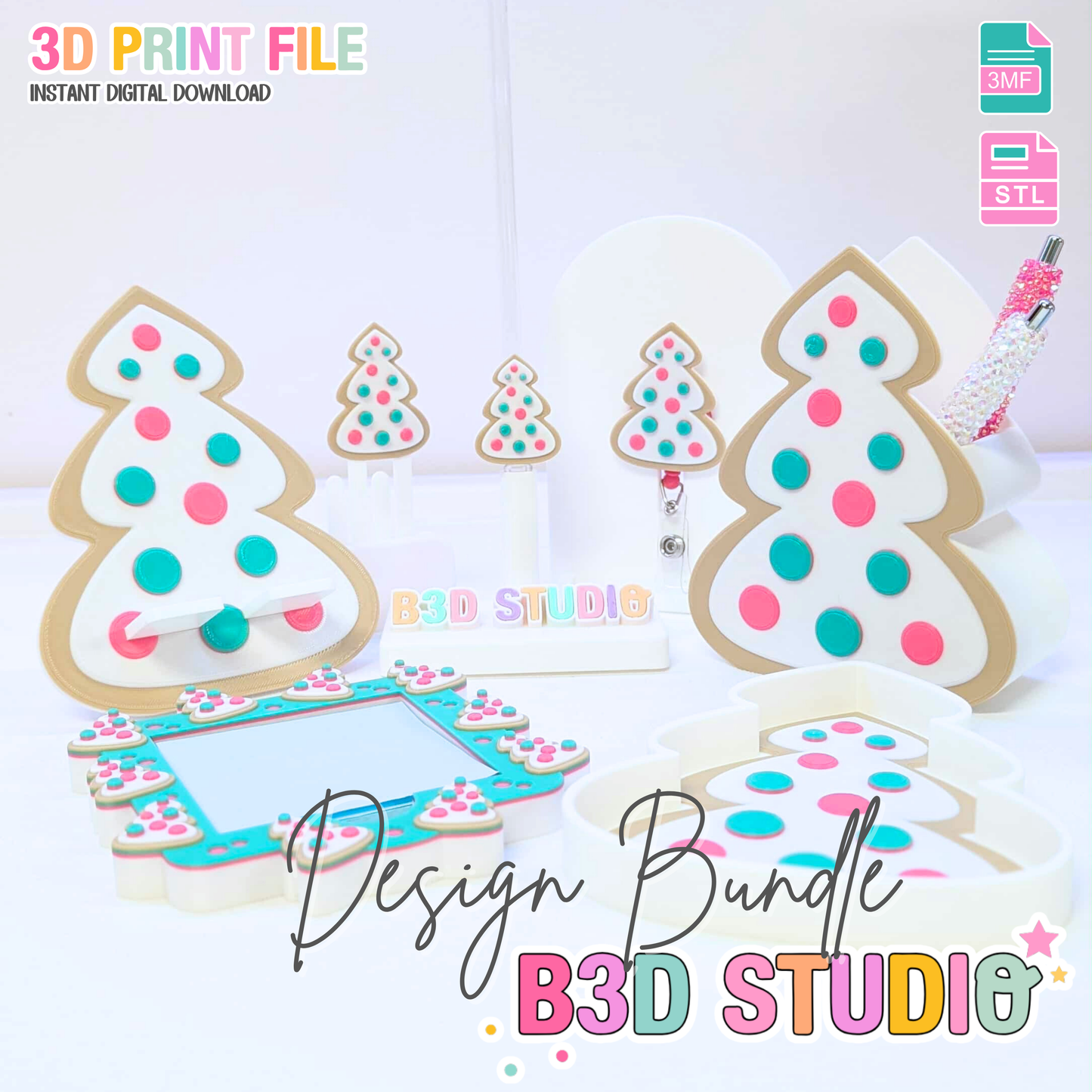 Christmas Cookie 3D Print File Bundle: Desk Set, Pen Holder, Trinket Dish + More (STL & 3MF Digital Download)