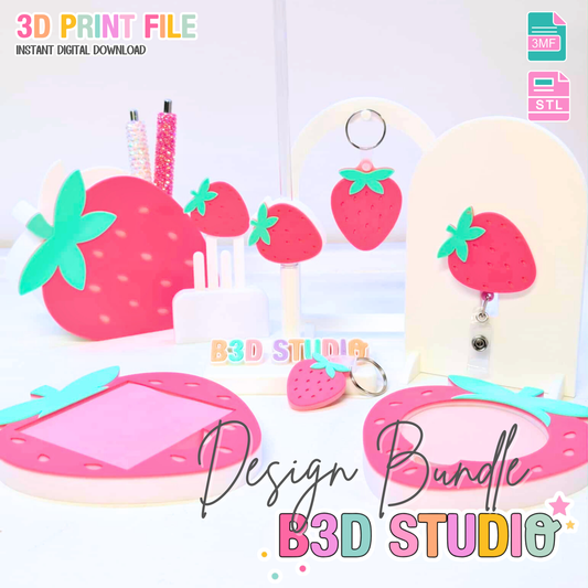 Strawberry 3D Print File Bundle | Pen Holder, Sticky Note Holders, Straw Toppers, Paper Clip | STL & 3MF Digital Download