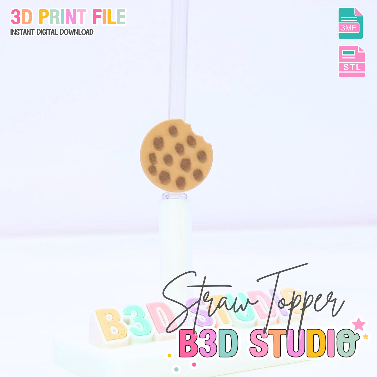 Cookie Straw Topper 3D Print File (STL & 3MF Digital Download) 8mm + 10mm Sizes