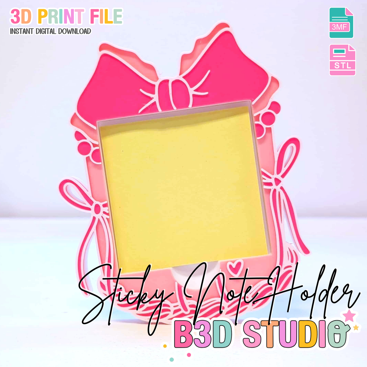 Bow Cake Sticky Note Holder - STL & 3MF - Digital Download