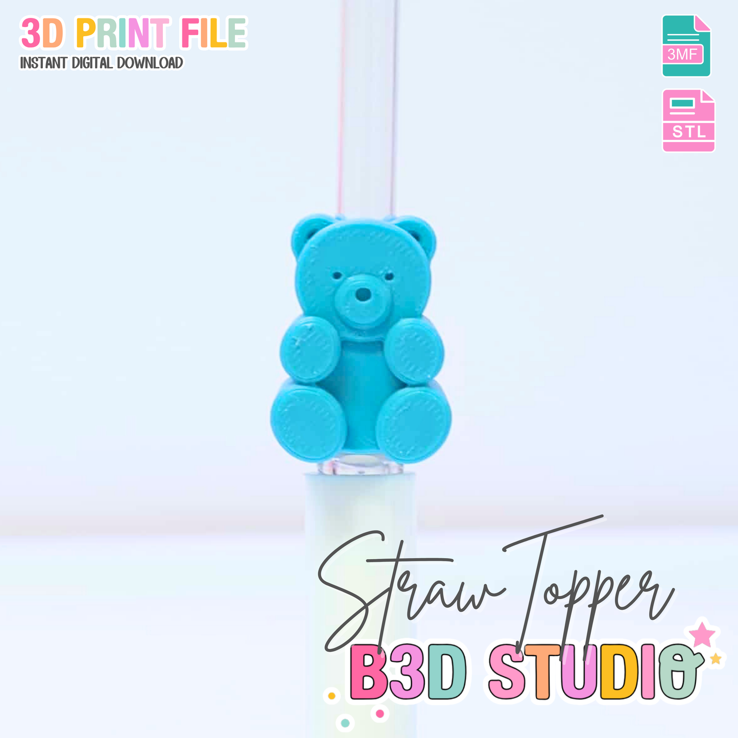 Gummy Bear Straw Topper 3D Print File (STL & 3MF Digital Download) 8mm + 10mm Sizes