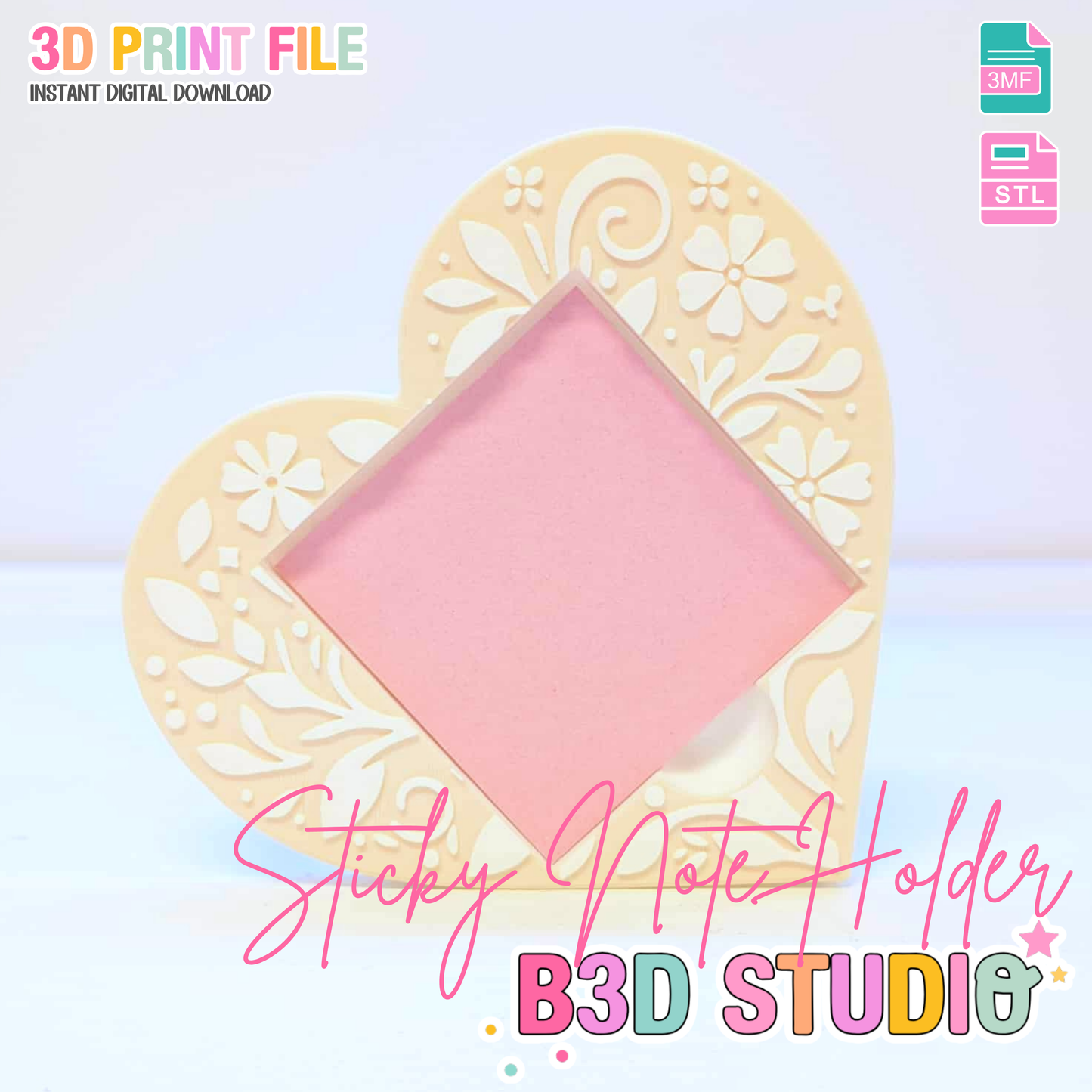 Heart Motif Sticky Note Holder: 3D Print File (STL 3MF Digital Download)