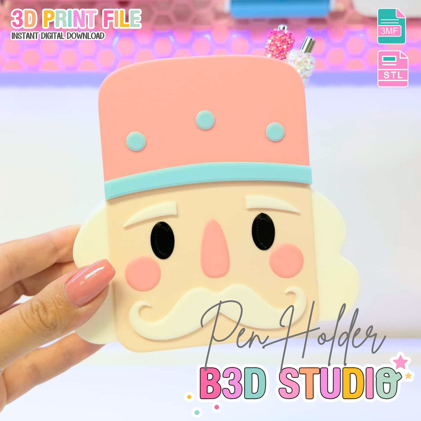 Nutcracker Pen Holder 3D Printable: Holiday Desk Decor (STL + 3MF File)
