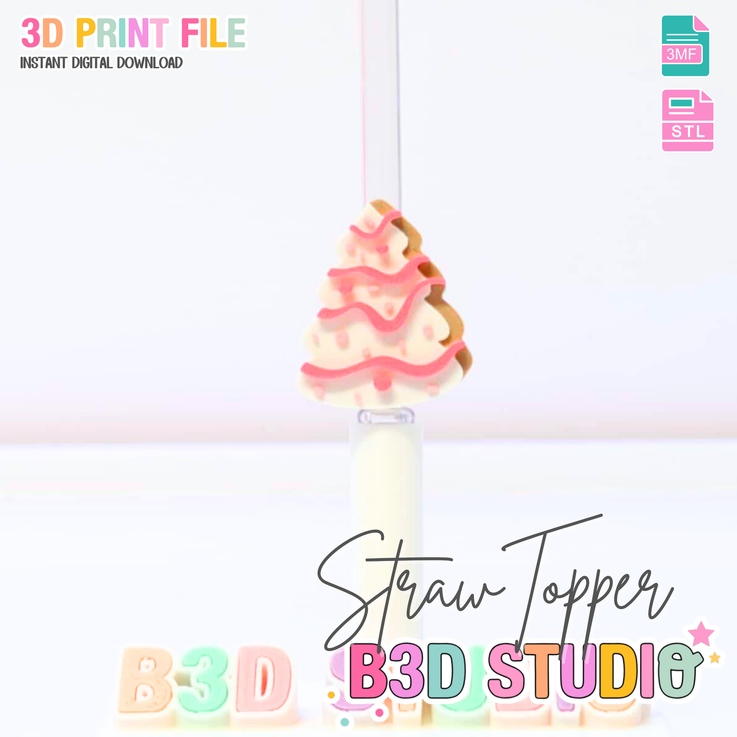 Christmas Tree Cake Straw Topper 3D Print File (STL & 3MF) 8mm + 10mm Sizes