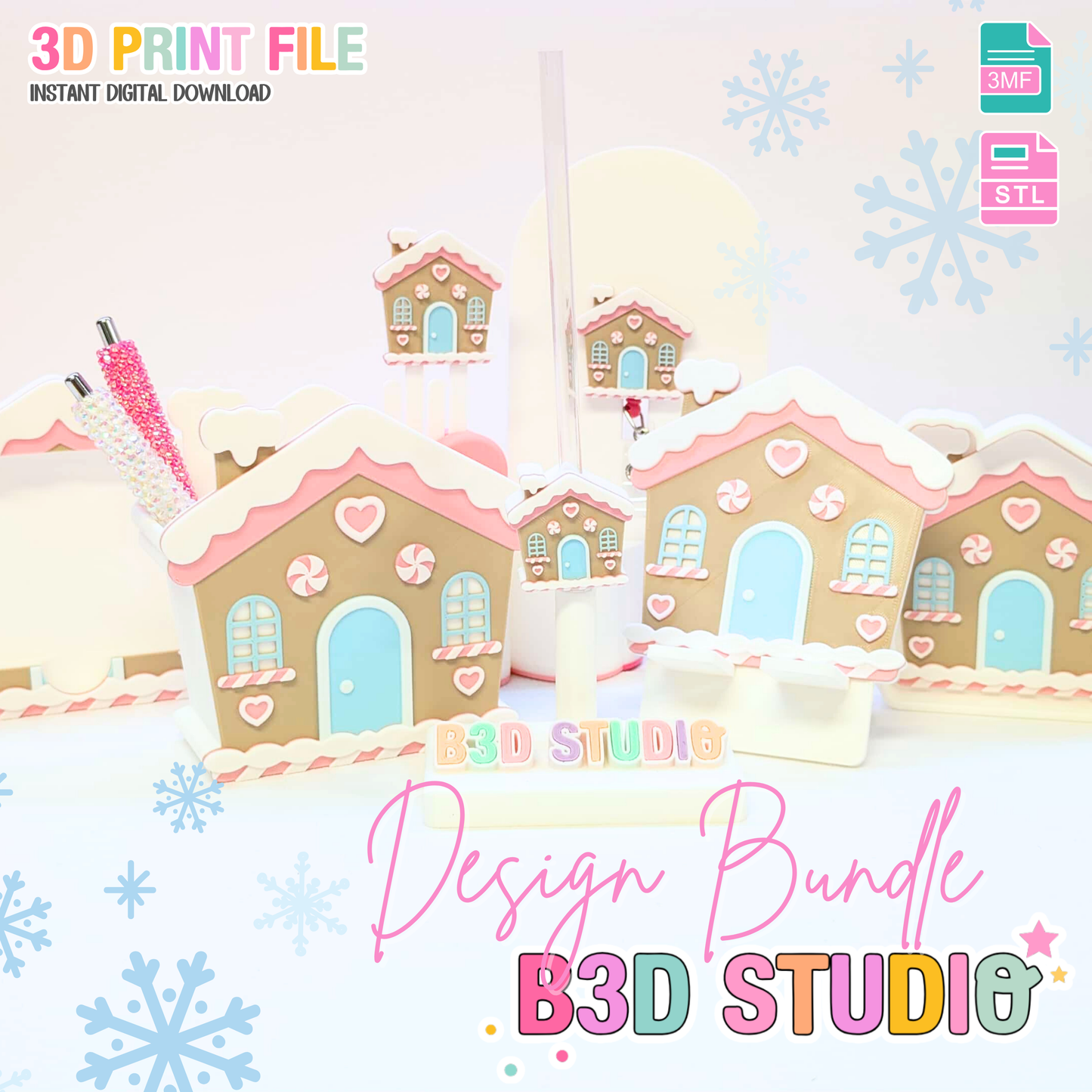 Gingerbread House 3D Print File Bundle: Phone Holder, Pen Holder, More (STL & 3MF Digital Download)