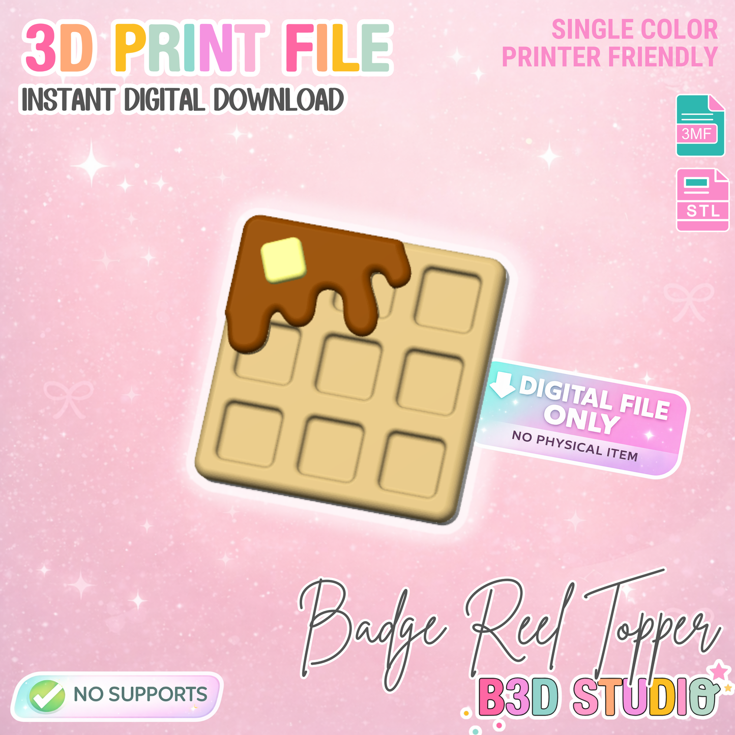 Waffle Badge Reel Topper Flat Back 3D Print File (STL & 3MF Digital Download)