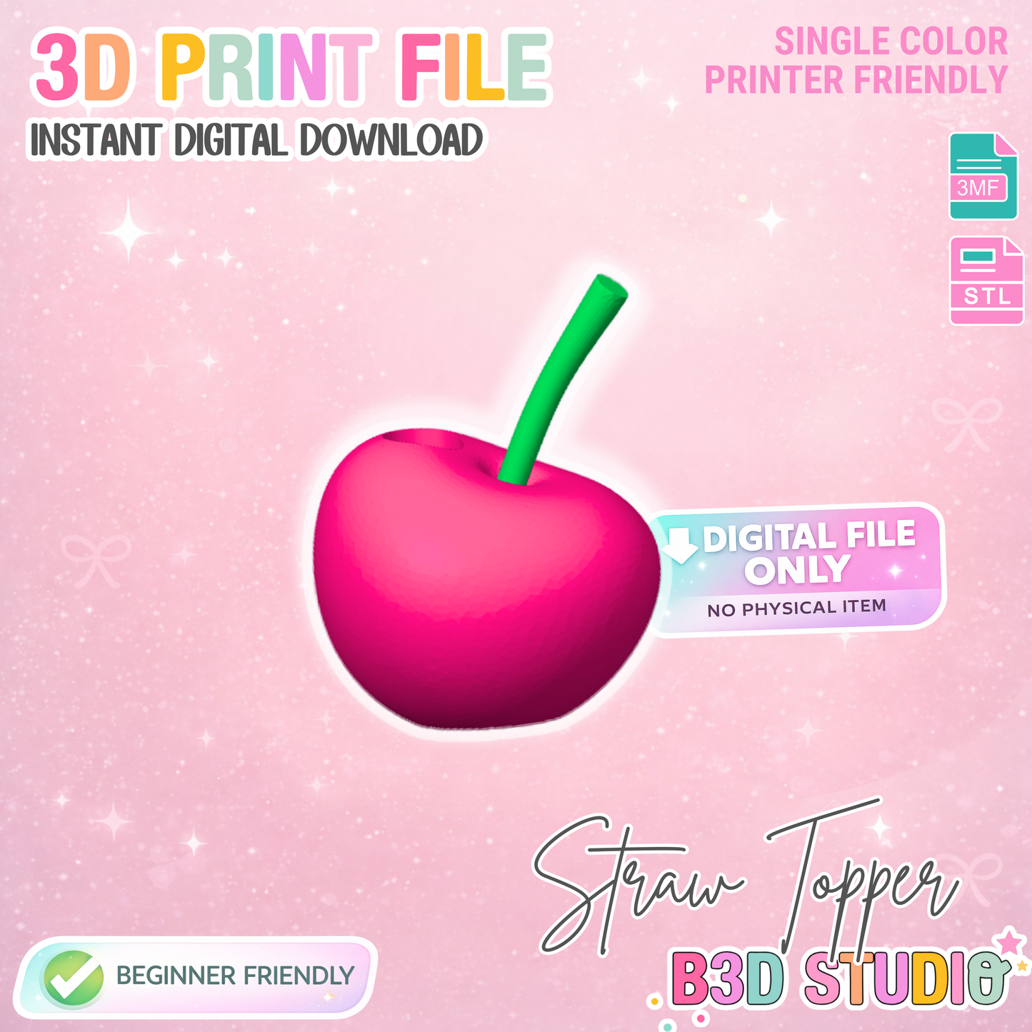 Cherry Straw Topper 3D Print File (STL & 3MF Digital Download) 8mm + 10mm Sizes