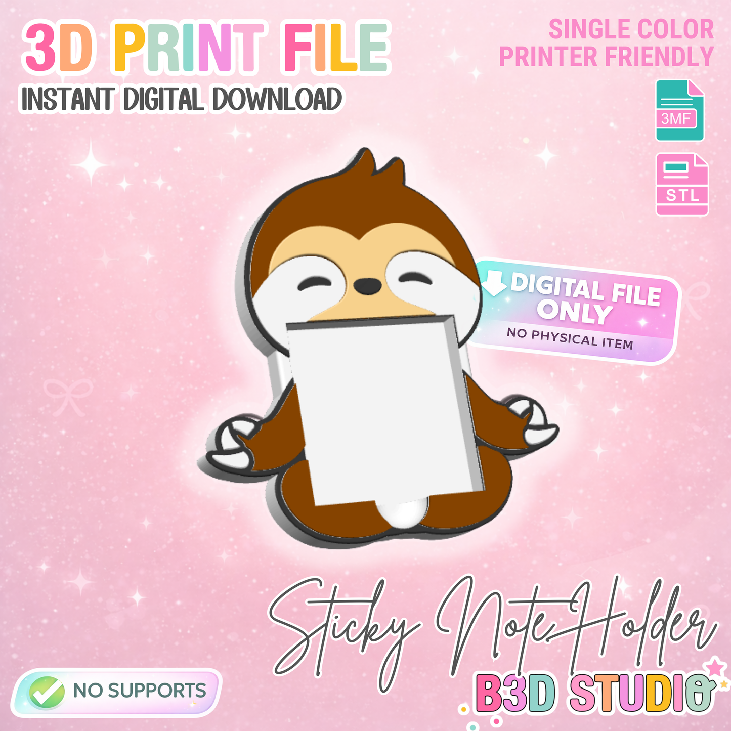 Sloth Sticky Note Holder - STL & 3MF - Digital Download