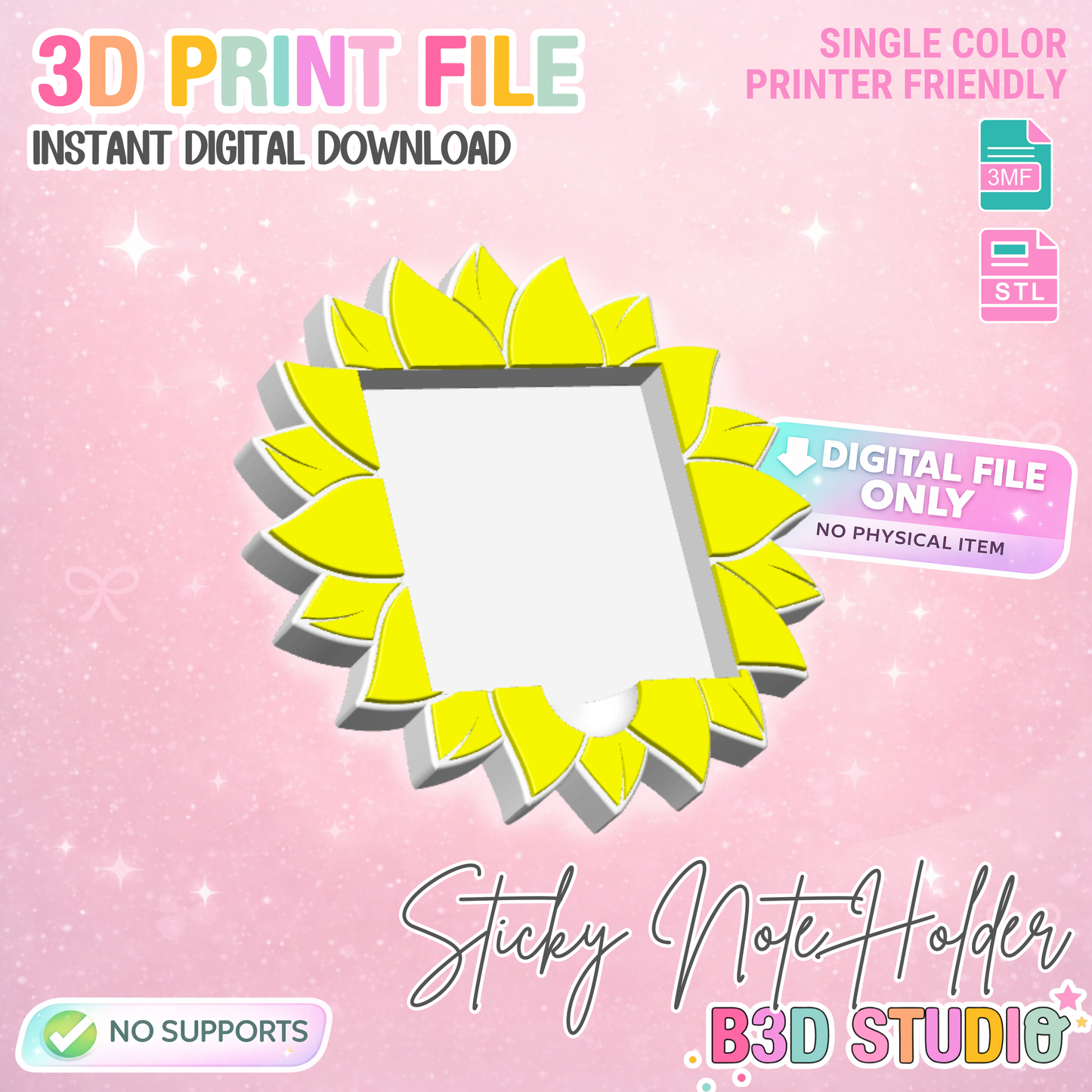 Sunflower Sticky Note Holder - STL & 3MF - Digital Download