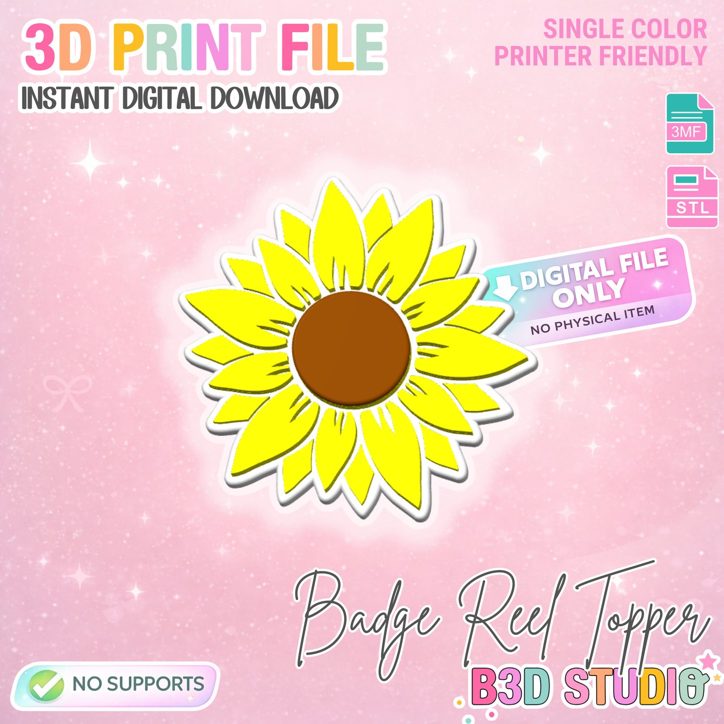 Sunflower Badge Reel Topper 3D Print File (STL & 3MF Digital Download)