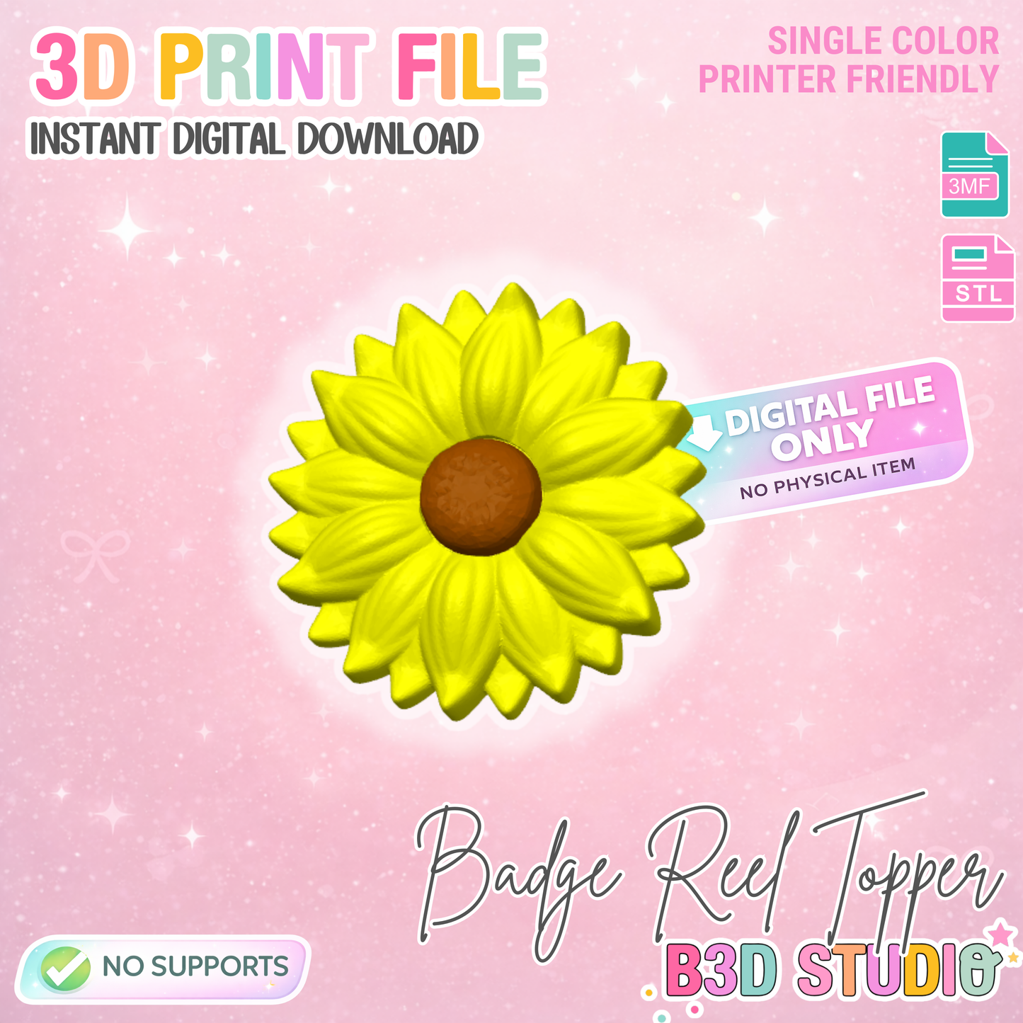 Sunflower Badge Reel Topper Detailed Sculpted 3D Print File (STL & 3MF Digital Download)