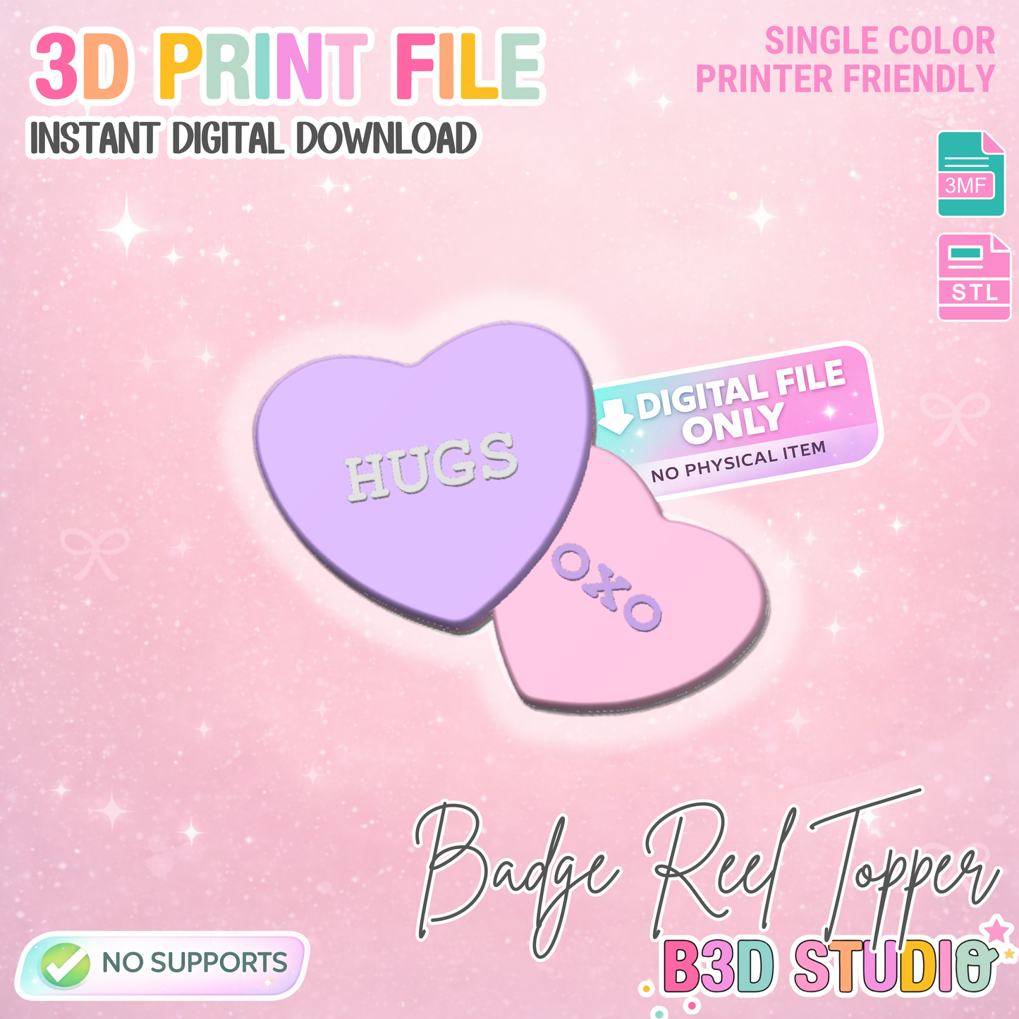 Candy Hearts Badge Reel Topper Flat Back 3D Print File (STL & 3MF Digital Download)