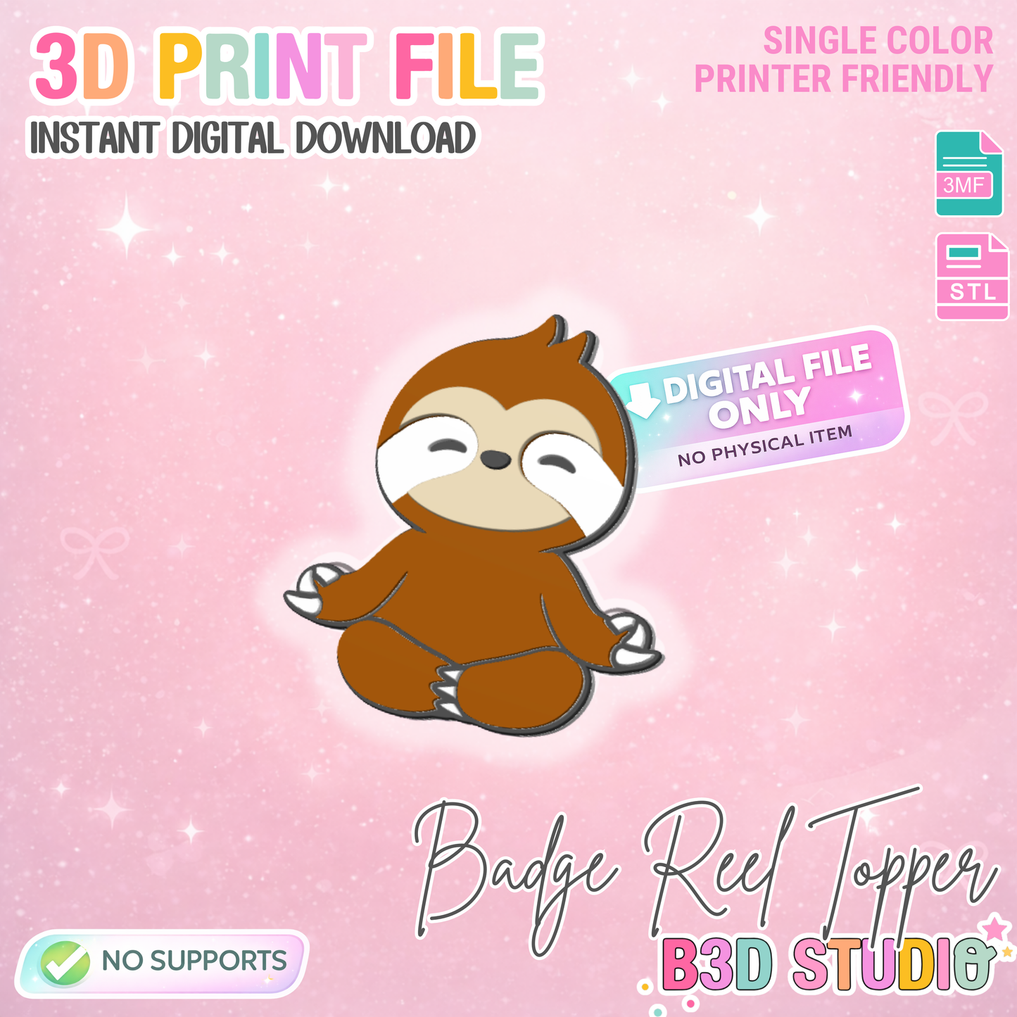 Sloth Badge Reel Topper 3D Print File (STL & 3MF Digital Download)